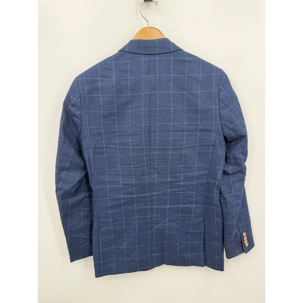 J.Crew Thompson Blazer Mens 38R Navy Blue plaid Linen Cotton Sport Coat H5117